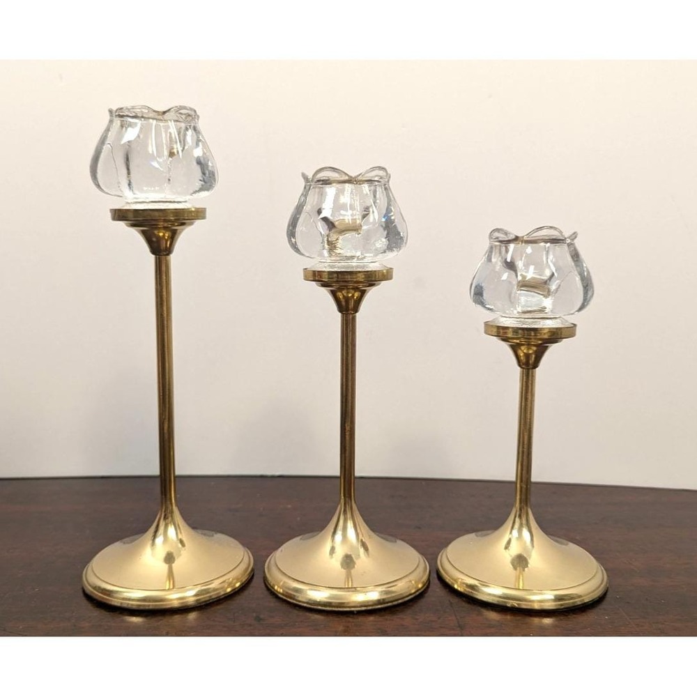 Vintage Graduated Brass Candlestick Holders Set 3 Glass Tulip Votive Cups Gold - Picture 3 of 7